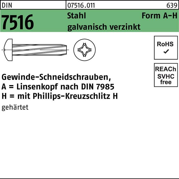 Eine Schraubenzeichnung mit der Bezeichnung 'Gewinde-Schneidschrauben', Stahl, Form A-H, Linsenkopf mit Phillips-Kreuzschlitz und metrischen Abmessungen.