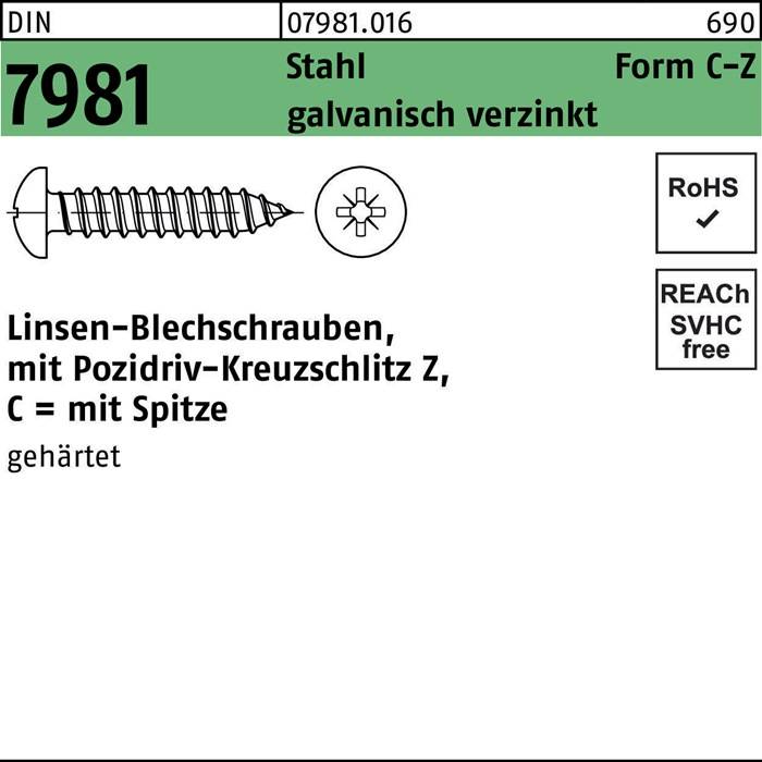 Blechschraube DIN 7981 LIKO PZ 4,2x 80 -C-Z Stahl galv.verz. Spitze 250St.