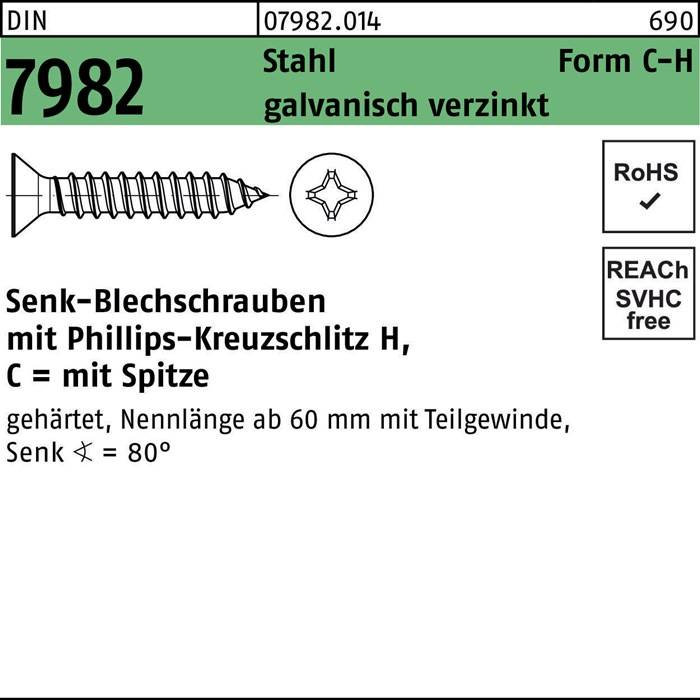 Eine Metallschraube mit Phillips-Kopf, benannt 'DIN 7982'. Sie ist 60 mm lang mit einem Gewindewinkel von 80°. Als 'RoHS'-konform gekennzeichnet.