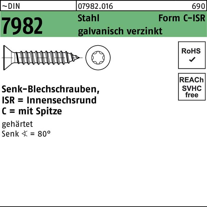 DIN 7982 C-90, Stahl, galvanisch verzinkt. RoHS- und REACH-SVHC-konform, Härte gekennzeichnet als H mit Ausgangswert 80.