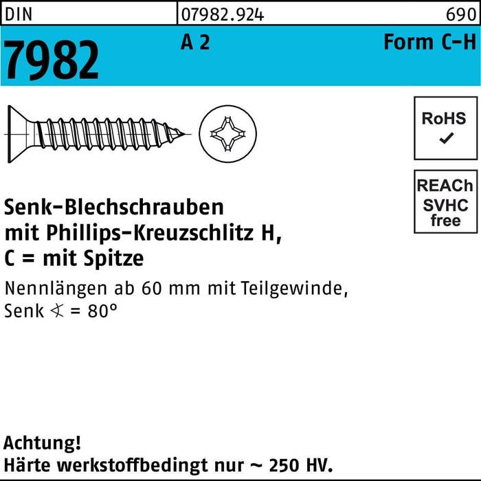 Eine technische Zeichnung einer Schraube mit der Bezeichnung 'DN 7982' und Maßangaben für Größe und Typ. Zeigt Konformitätskennzeichnungen: RoHS und REACH SVHC-frei.