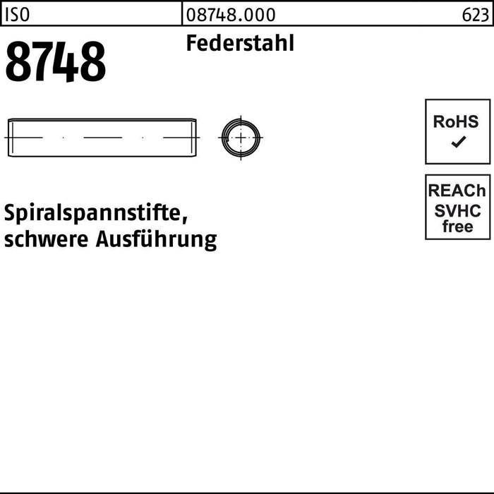 Technische Nahaufnahmezeichnung eines Spiralspannstifts, Modell 8748, von Federstahl, mit RoHS- und REACH-Konformitätssymbolen rechts.