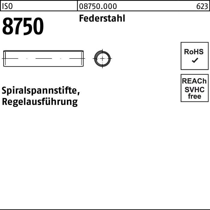 Eine technische Zeichnung mit der Bezeichnung '8750' zeigt einen Spiralspannstift aus Federstahl. Die Zertifizierungen umfassen RoHS, SVHC-frei und REACH.