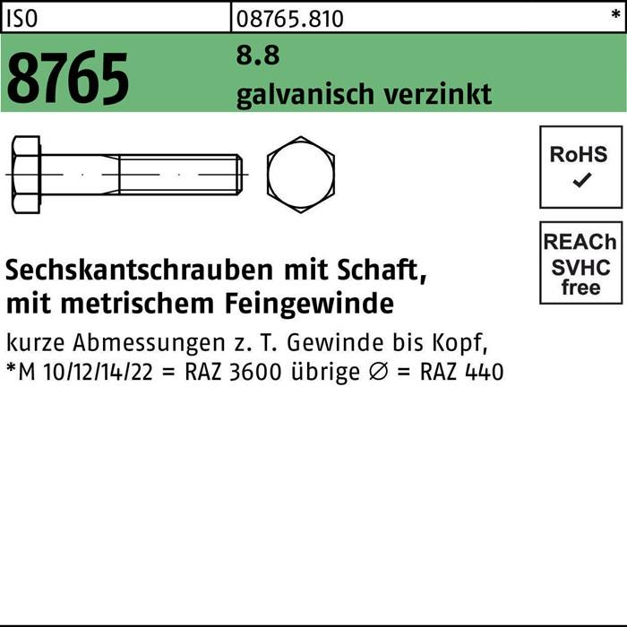 Eine Schraube mit Schaft, ausgeführt mit metrischem Feingewinde. Gekennzeichnet mit: 'ISO 8765', '8.8 Stahl', '10/12/14/22mm'. RoHS- und SVHC-konform.