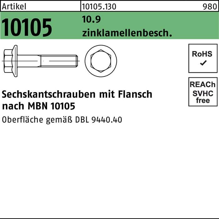 Bolzenspezifikationsetikett mit Abmessungen, DIN-Norm 10105.30, zinkbeschichtet. Erfüllt RoHS-, REACH-SVHC-Konformität für MBN 10105.
