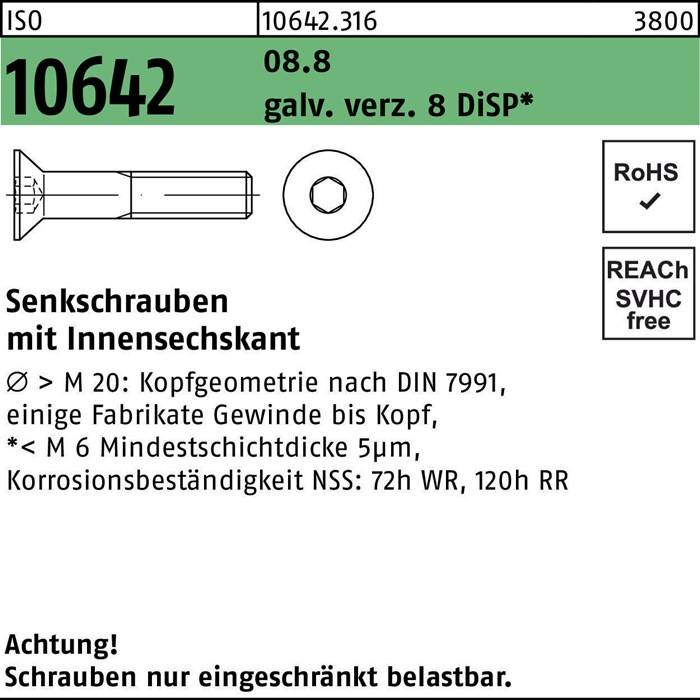 Senkschraube ISO 10642 Innen-6kt M6x20 8.8 galv.verz. 8 DiSP 500St.