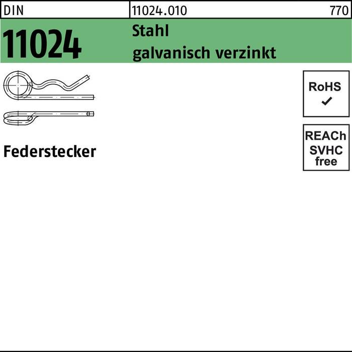 Metallbefestigungselement 'Federstecker' (Stahl, verzinkt) mit Teilenummer 11024. RoHS-konform und REACH-konform.