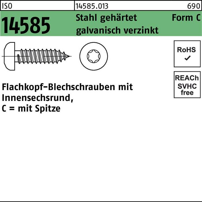 14585 Stahl gehärtet galvanisch verzinkt, Flachkopf-Blechschrauben mit Innensechsrund, c = mit Spitze, Form C, RoHS, REACH konform