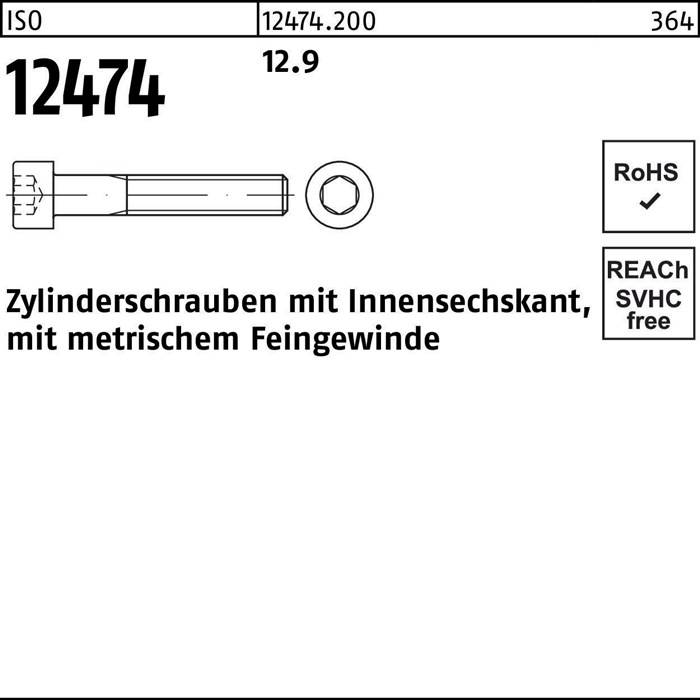 Diagramm einer Schraube und der zugehörigen Mutter. Beschriftung lautet: 'Zylinderschrauben mit Innensechskant, mit metrischem Feingewinde'. Produktcode: 12474.
