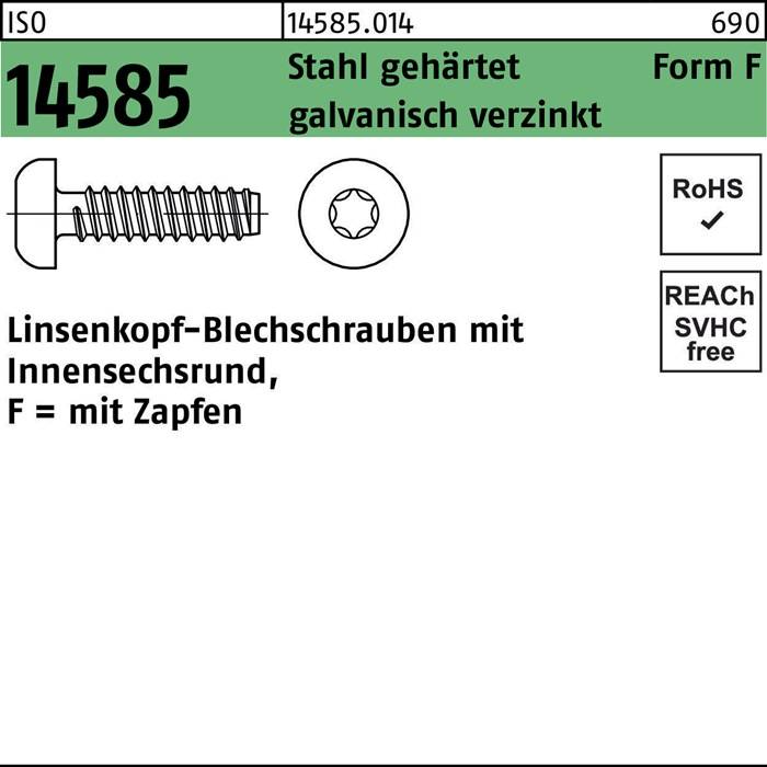 14585 Linsenkopf-Blechschrauben mit Innensechsrund F = mit Zapfen', Stahl, verzinkt, RoHS- und REACH-konform, Schraubenillustration enthalten.