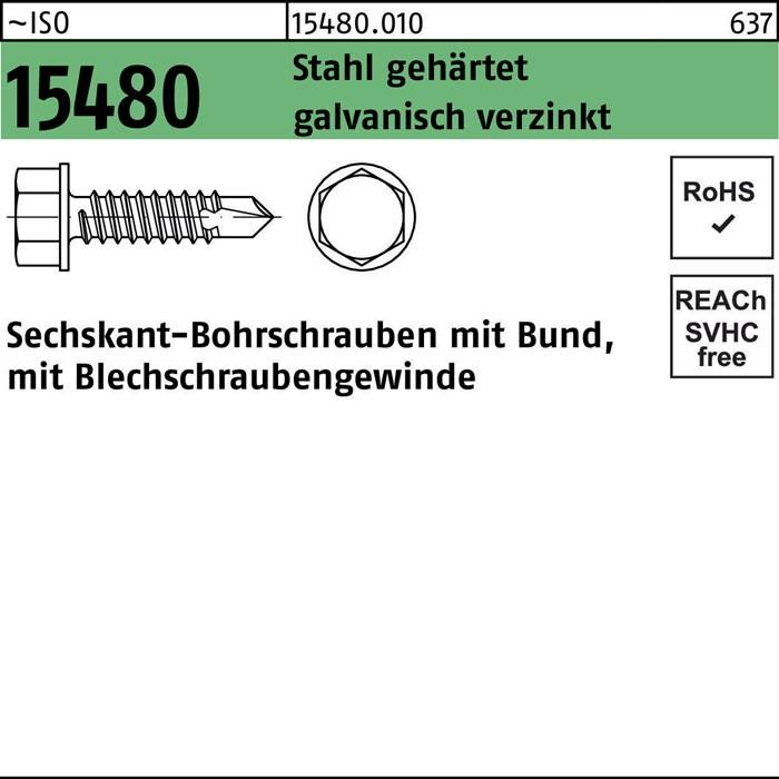 ~ISO 15480 Stahl gehärtet galvanisch verzinkt' beschreibt sechskant-Bohrschrauben mit Bund für Blech. RoHS- und REACH-konform.