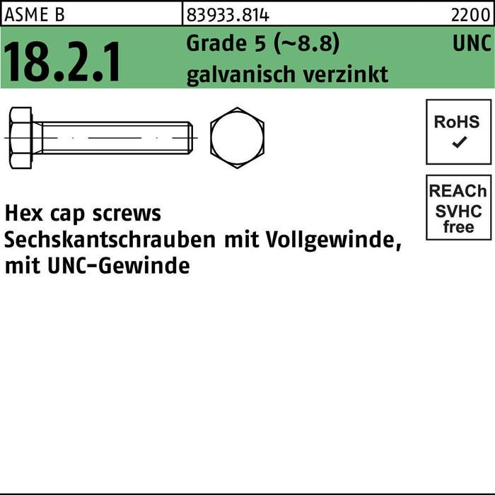 M6 x 20 Sechskantschraube mit UNC-Gewinde, verzinkt, Festigkeitsklasse 5, RoHS-konform, REACH-frei, Kennzeichnung '18.2.1