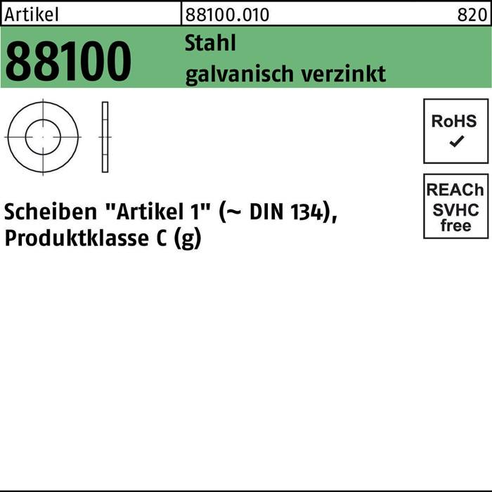 Artikelnummer '88100', Material 'Stahl galvanisch verzinkt', erfüllt 'RoHS'- und 'REACH'-Konformität. Produktklasse 'C1'.