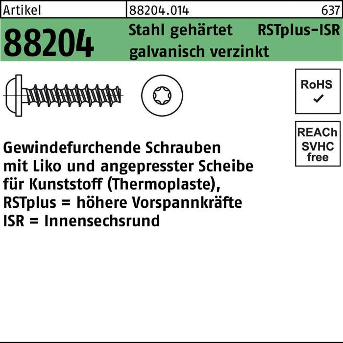 Eine Abbildung zeigt eine Schraube mit einer Unterlegscheibe, die mit '88204' beschriftet ist. Der Text auf Deutsch beschreibt eine Selbstschneidschraube mit verbesserter Integrität.