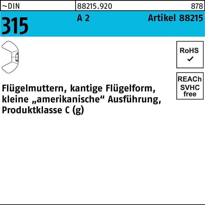 Ein Diagramm zeigt einen Flügel, beschriftet mit '315'. Text lautet 'Flügelmutter, kantige Ausführung, amerikanische Flügelform'. Produktdetails: 'A 2 82215 315.9VC Artikel 878'.