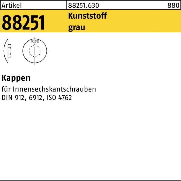 Schutzkappe 88251, grau aus Kunststoff, für Innensechskantschrauben DIN 912, 6912, 4762. Abbildung zeigt technische Zeichnung mit Seiten- und Draufsicht.