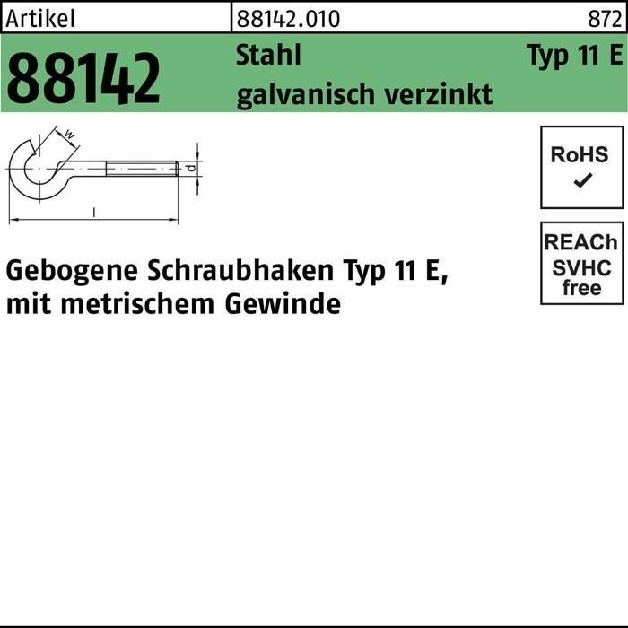 88142 Stahlschraubhaken Typ 11 E, galvanisch verzinkt, metrisches Gewinde. RoHS-konform, REACH-frei.