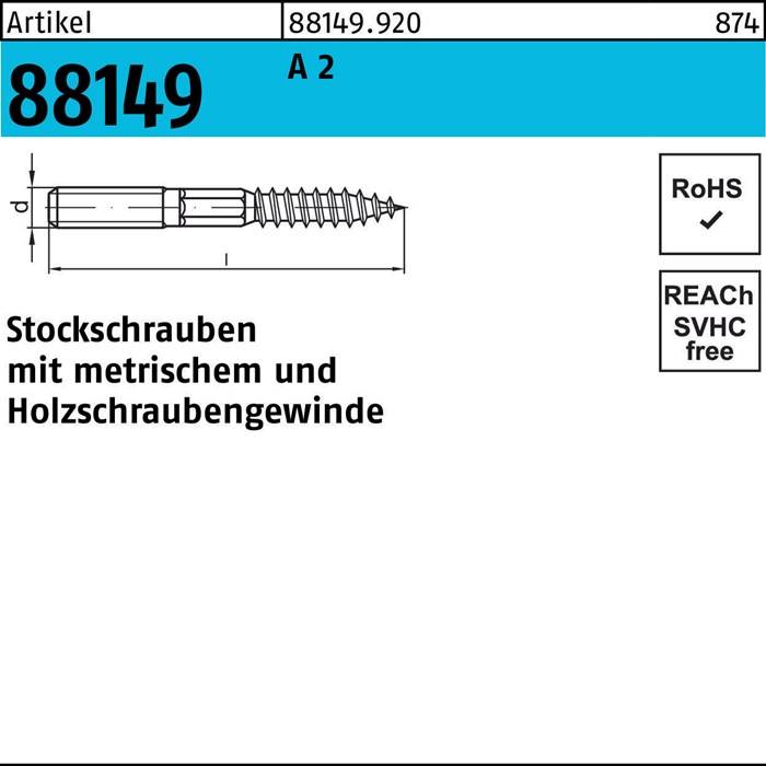Technische Zeichnung einer Stockschraube mit metrischem und Holzgewinde. Inklusive Produktnummer 88149, konform mit RoHS und REACH.