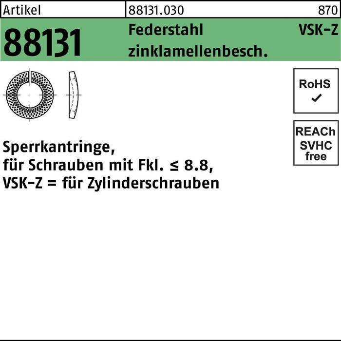 Eine technische Zeichnung, die die Abmessungen von 'Sperrkatringe' veranschaulicht. Text: 'Zinklamellenbeschichtung', RoHS-konform, REACH SVHC-frei.