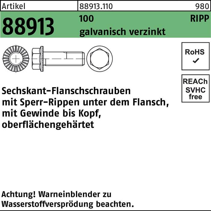 Sechskant-Flanschschraube mit Teilgewinde, verzinkte Oberfläche, RoHS- und REACH-konform, Artikelnummer 889813.110.