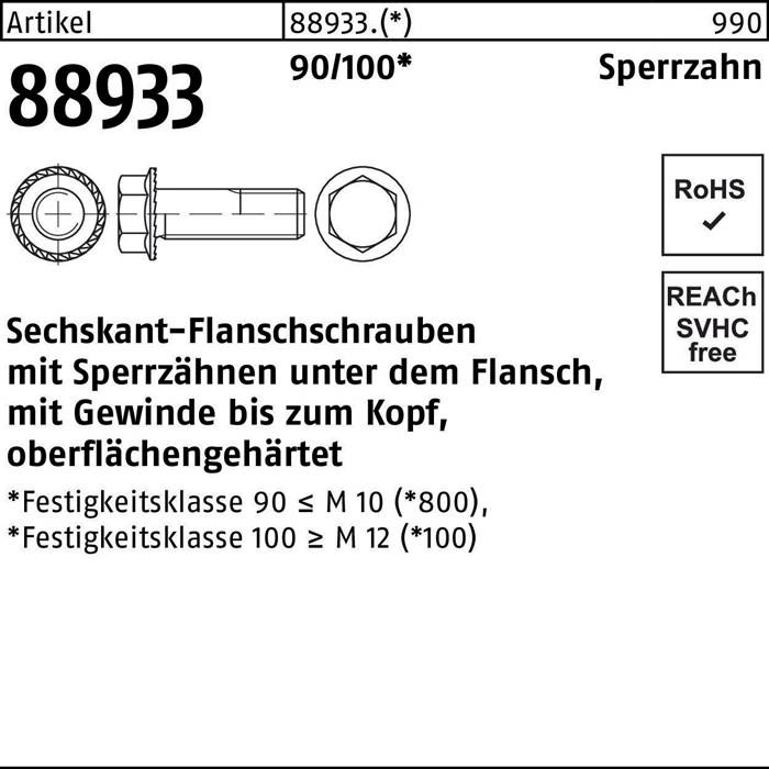 Das Bild zeigt einen Bolzen mit Spezifikationen und Konformitätsangaben: 'Artikelnr 88933', Sechskantschlüsselkopf, Größe M10, RoHS-konform, SVHC-frei.