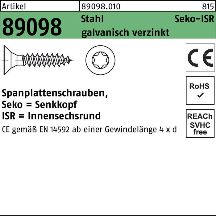 Artikelnummer 89098.010, Stahl, verzinkt. Schraubenspezifikationen: Spanplattenschraube, Senkkopf, CE ISO, RoHS, REACh.