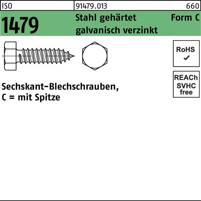 Sechskant-Blechschraube mit Spitze, verzinkt, RoHS-konform und REACH-frei.
