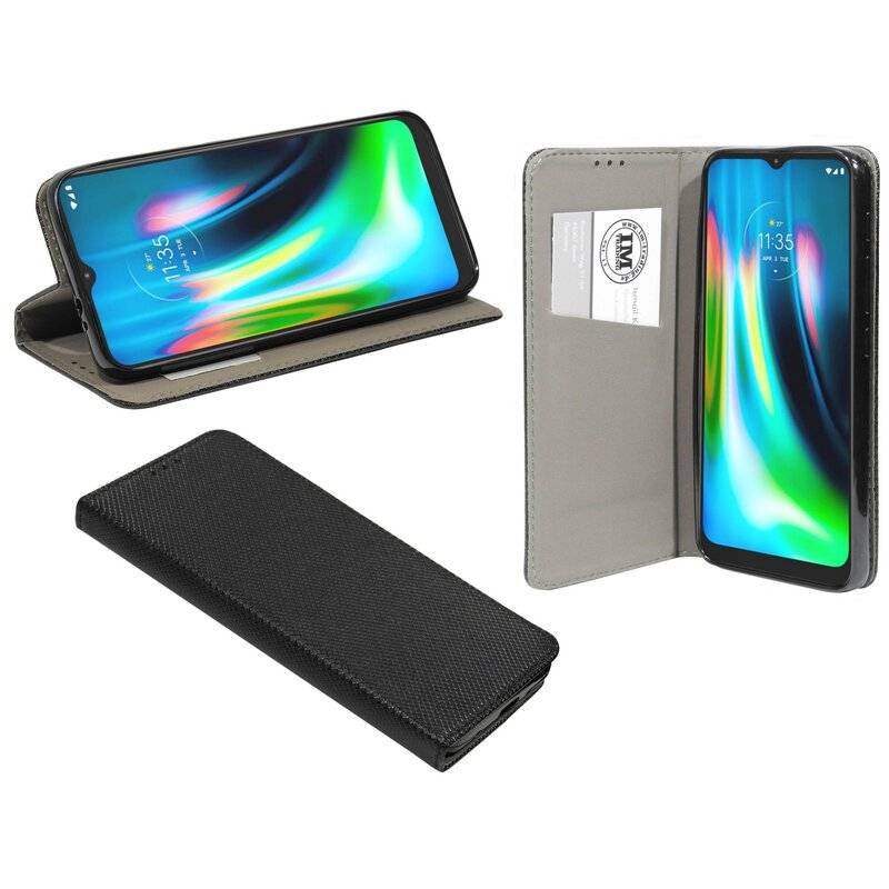 Buch-Tasche Hülle Smart Magnet für MOTOROLA MOTO E7 PLUS Leder Optik Wallet Book-Style Cover Schale Schwarz
