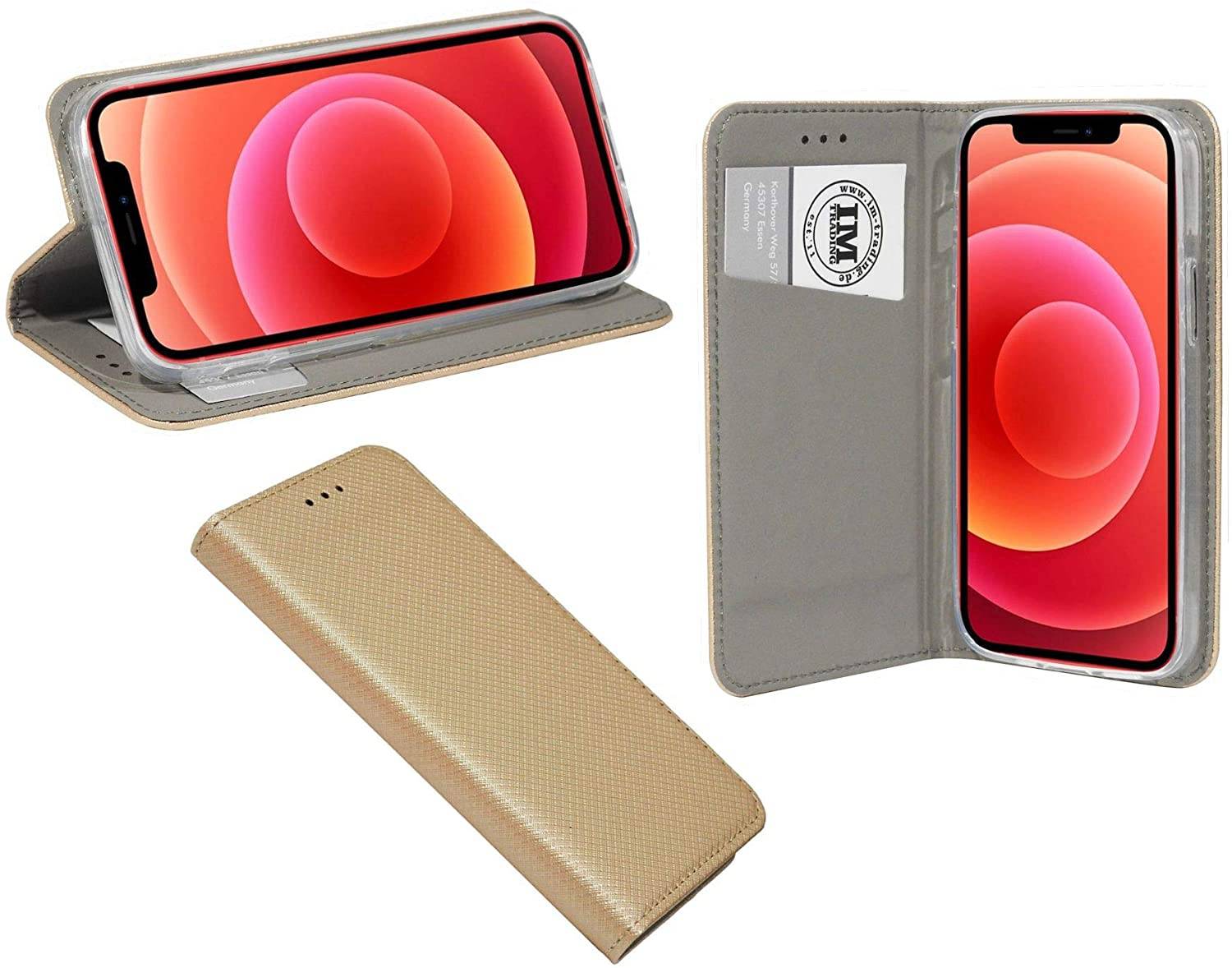 Buch Tasche "Smart" für iPhone 12 Pro Handy Hülle Etui Brieftasche Schutzhülle mit Standfunktion, Kartenfach Gold
