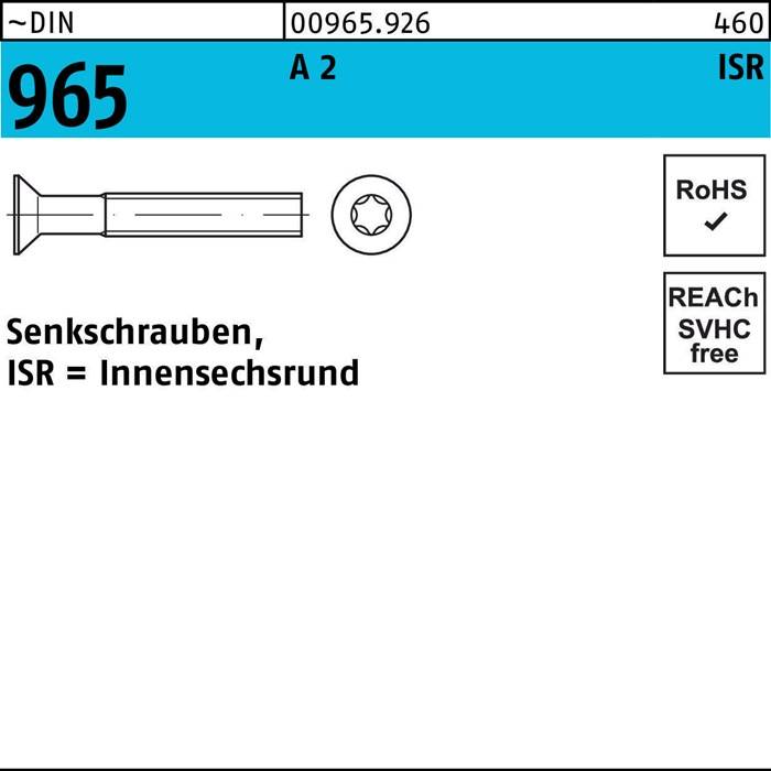 965 SENKKOPFSCHRAUBEN' und 'ISR = Innensechsrund' sind auf einem technischen Datenblatt für eine Schraube mit RoHS-Konformität und REACH-freiem Status gekennzeichnet.
