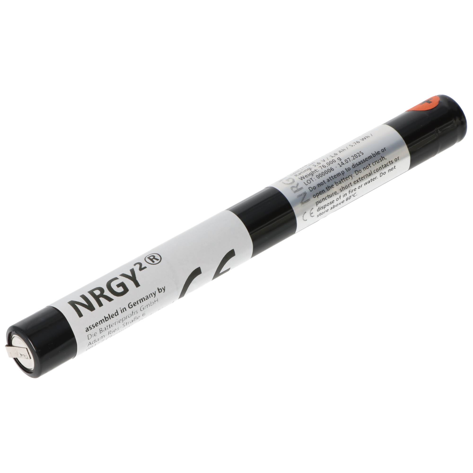 Notleuchtenakku NiMH 3,6V 1600mAh L1x3 mit Lötfahnen in U-Form, Mignon AA, auch für Taschenlampen und Werzeuge