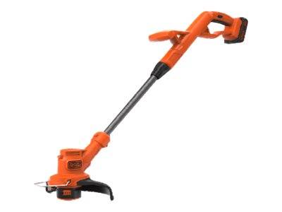 Orange kabelloses Fadentrimmer mit schwarzem Griff und Schneidekopf, vor weißem Hintergrund gezeigt.