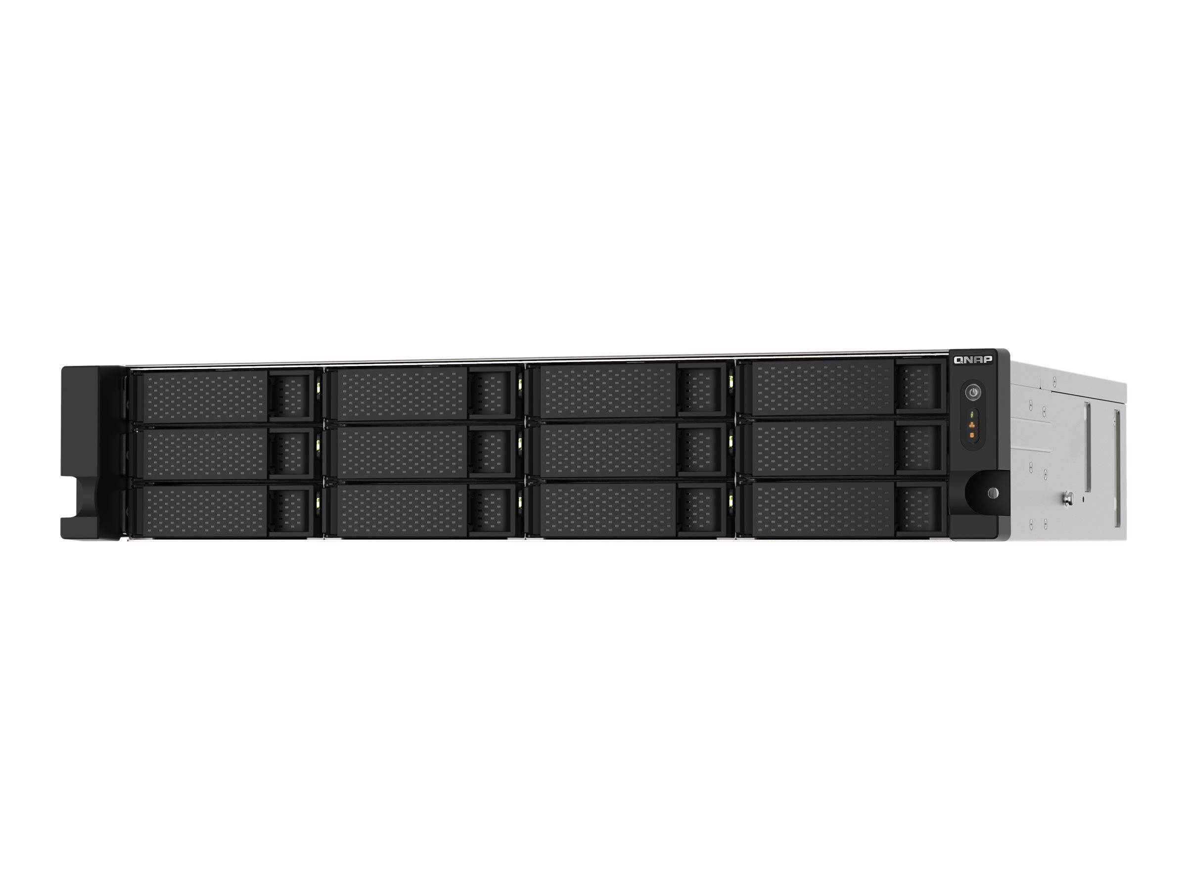 Vorderansicht eines schwarzen Rack-Mount-Servers mit mehreren Hot-Swap-Laufwerkschächten und Statusleuchten, dargestellt auf weißem Hintergrund.