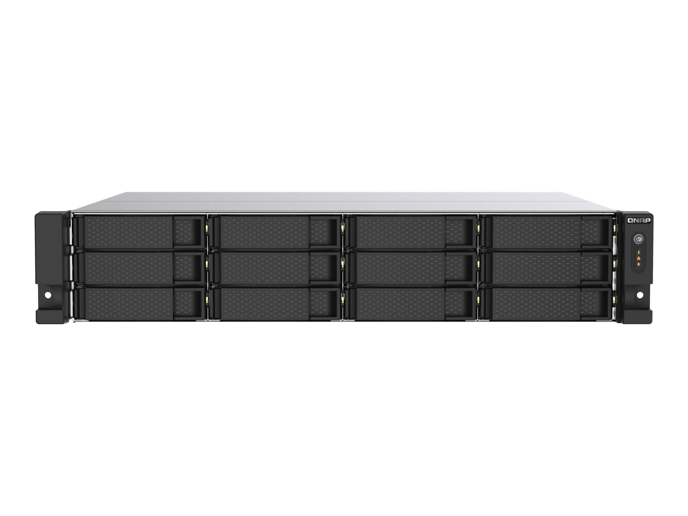 Frontansicht eines schwarzen Rack-Mount-Speicherservers mit mehreren Hot-Swap-Laufwerkschächten und Statusleuchten, isoliert auf weißem Hintergrund.