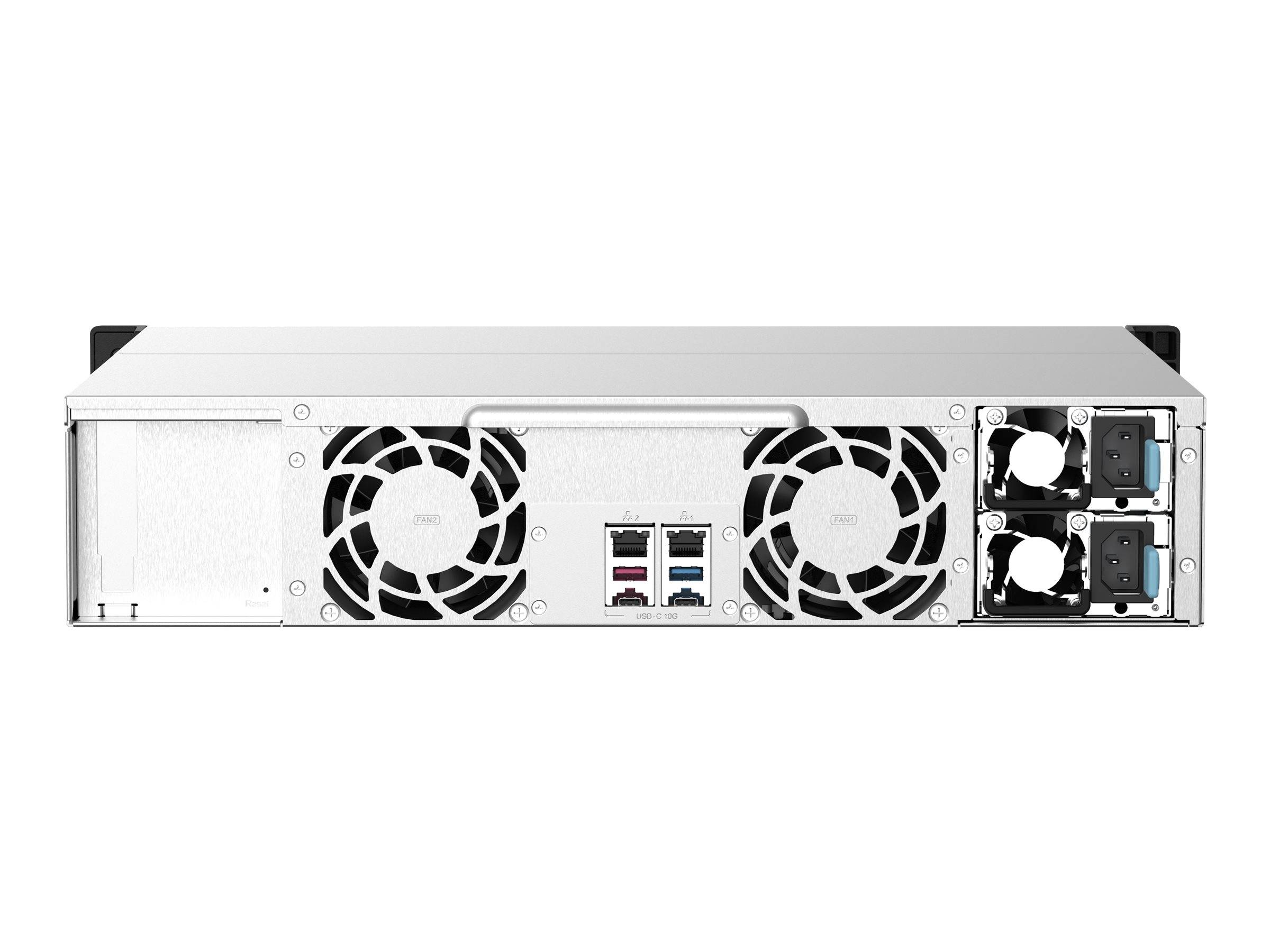 Rückansicht eines Rack-Mount-Servers mit zwei großen Kühlventilatoren, vier USB-Anschlüssen, Stromverbindungen und zwei Hot-Swap-Netzteilen auf der rechten Seite.