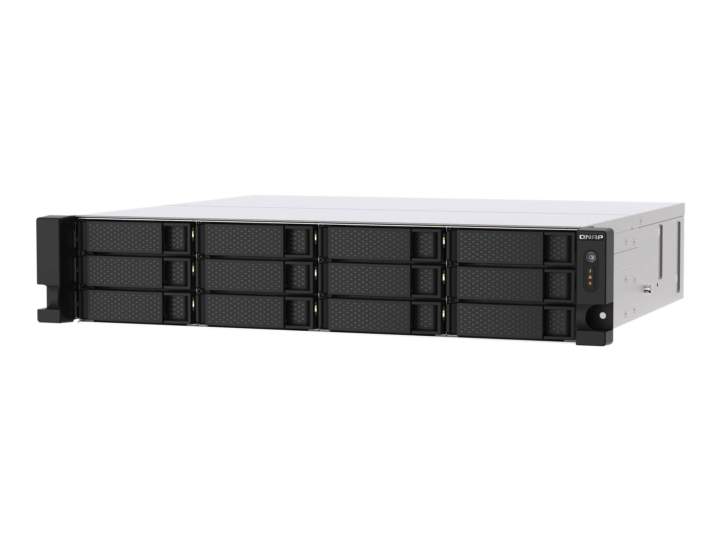 Vorderansicht eines Rack-Mount-Speicherservers mit mehreren Hot-Swap-Festplattenschächten und Statusleuchten auf weißem Hintergrund.