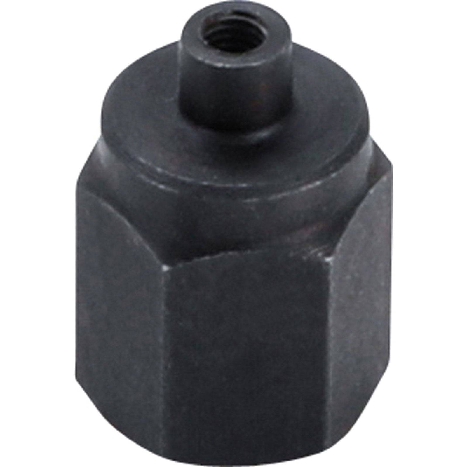 Ein schwarzer, sechseckiger Metalladapter mit einem Gewindeloch oben, der zum Verbinden verschiedener Hardwarekomponenten oder Werkzeuge verwendet wird.