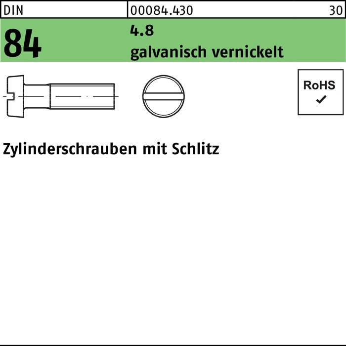 Zylinderschraube DIN 84/ISO 1207 Schlitz M3x6 4.8 galv. vernickelt 2000St.