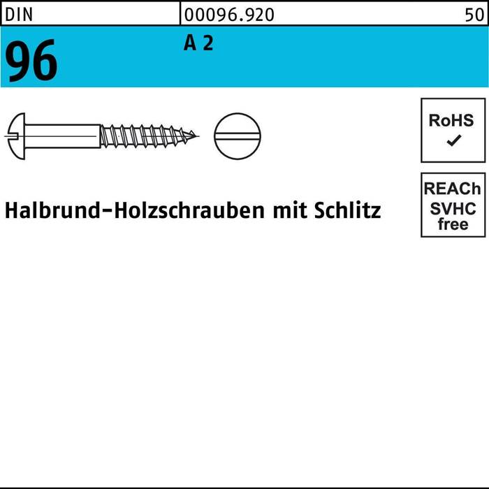 Holz-Schlitzschrauben halbrund, DIN 96 A 2, 50 Stück. Mit RoHS- und SVHC-freien Konformitätslogos.