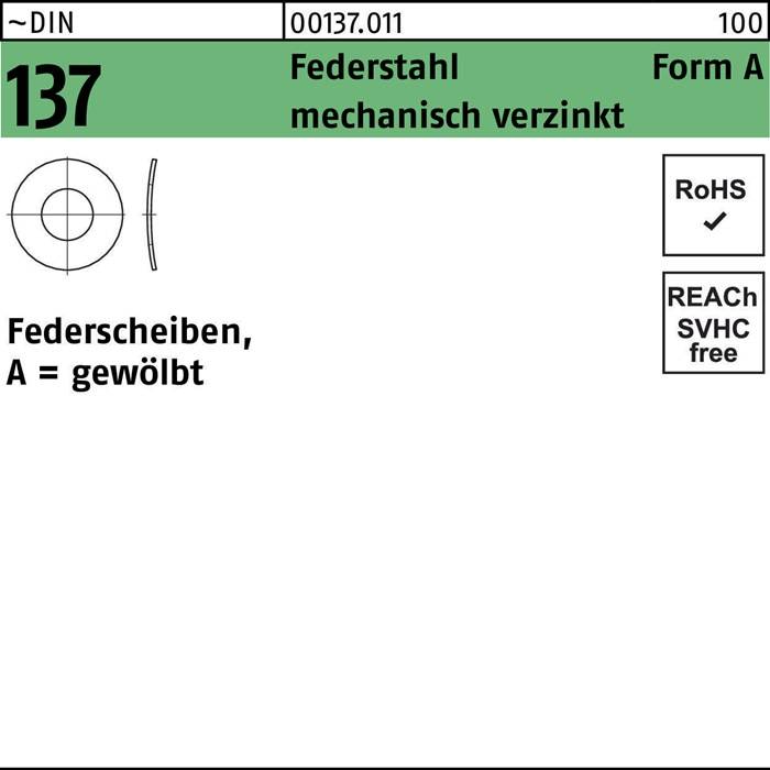 Technische Zeichnung einer Federstahl verzinkten Scheibe, Form A 100, mit Abmessungen. Kennzeichnungen: 'RoHS', 'REACH SVHC-frei'.
