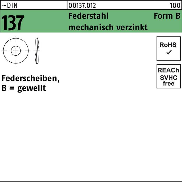 Eine Produktetikette, die eine mechanische Zeichnung einer wellenförmigen Federscheibe aus verzinktem Federstahl zeigt, gekennzeichnet als Form B 137.