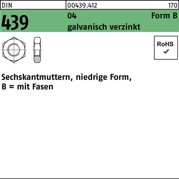 DIN 439 galvanisch verzinkt Form B Spezifikationen für Sechskantmuttern, niedrige Form mit Fase, RoHS-konform.