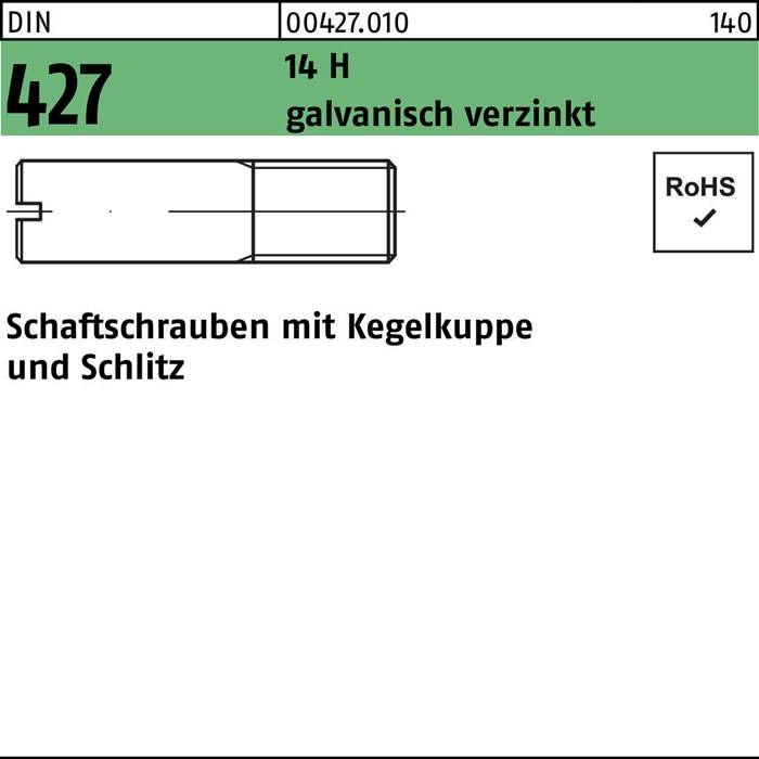 Gewindestifte mit Kegelkuppe und Schlitz nach DIN 427, verzinkt, RoHS-konform, Artikelnummer 00427.