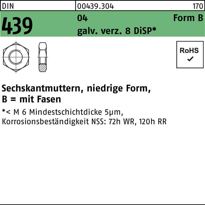 Technische Zeichnung mit Details einer Sechskantmutter, beschriftet als 'SECHSKANTMUTTERN'. Darunter: 'galv. Verz. 8 DISP'. RoHS-konform, Korrosionsdetails.