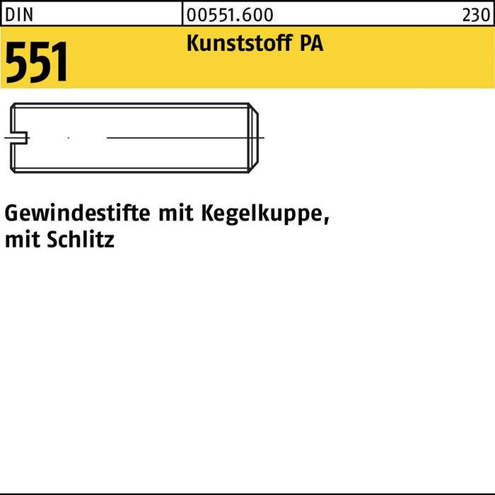 Gewindestift DIN 551 Kegelkuppe/Schlitz M6x 16 Polyamid 100 Stück
