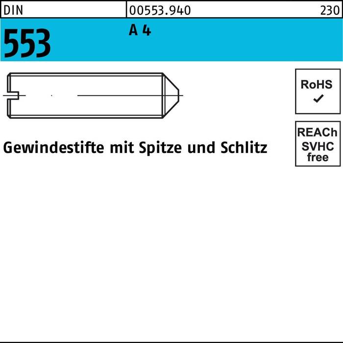 Gewindestifte mit Spitze und Schlitz, Diagramm einer Gewindestange mit Spitze und Schlitz, gekennzeichnet mit 'A 4' und '0553.940', inklusive RoHS- und REACH-Konformität.