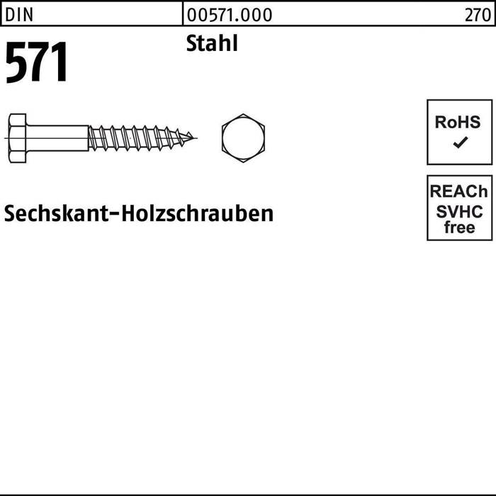 Das Bild zeigt Produktdetails für eine Sechskant-Holzschraube, mit der Bezeichnung 571, aus Stahl, die RoHS- und SVHC-konform ist.