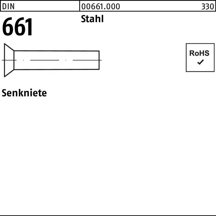 Technische Zeichnung mit Spezifikationen für eine 661 Senkniete aus Stahl, mit RoHS-Konformität