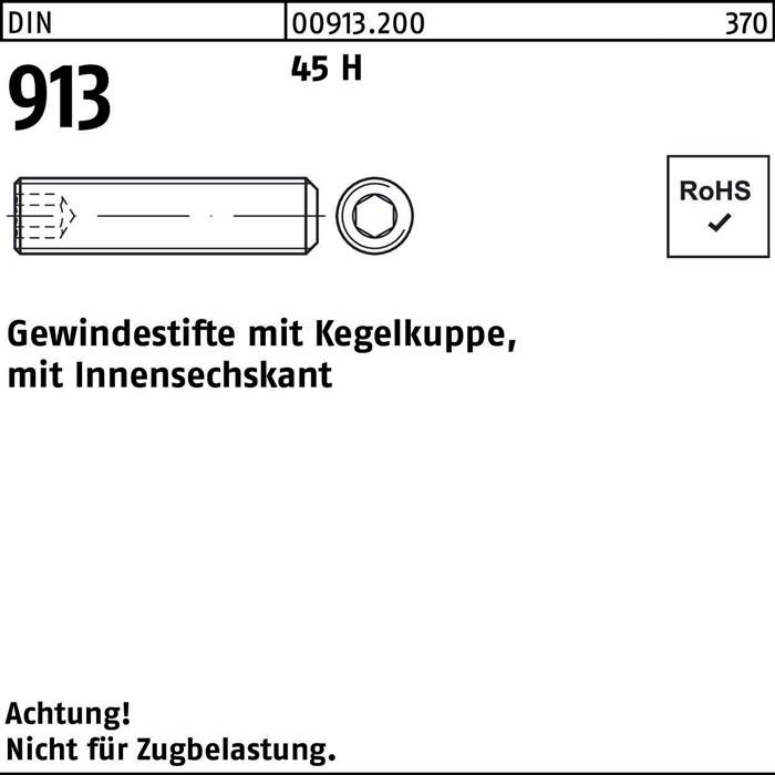 DIN-Norm Teil 913 mit einer beschrifteten Zeichnung einer Innensechskant-Gewindestift und der Notiz 'Achtung! Nicht für Zugbelastung.' RoHS-konform.