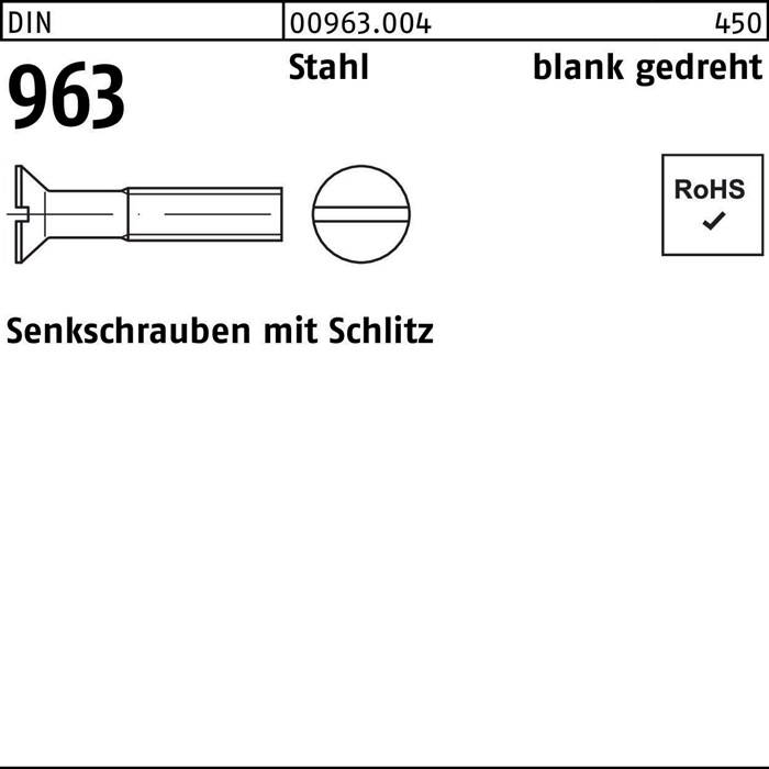 Senkschrauben mit Schlitz werden mit einer Seiten- und Frontansicht-Darstellung gezeigt. RoHS-konform. Artikelnummer 963, hergestellt aus Stahl.